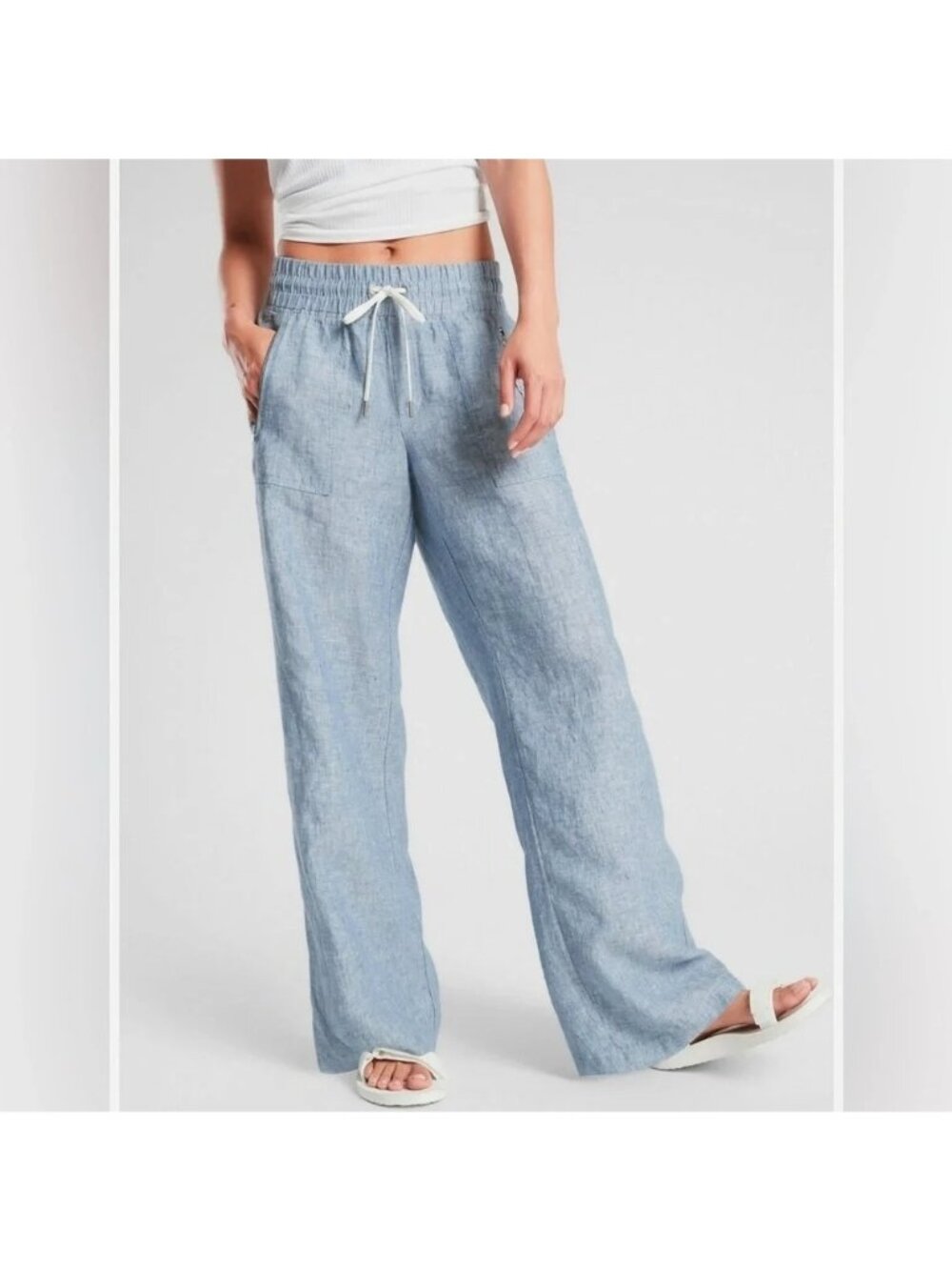 Athleta Cabo Linen Wide Leg Pant Blue Chambray Relaxed Fit 447244 Womens Size 10